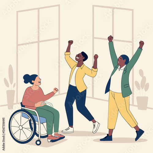 Diverse trio celebrating achievement and progress, showcasing unity and excitement together