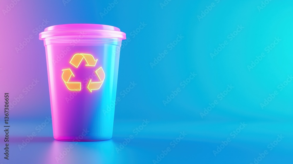 A glowing recycling cup against a vibrant gradient background emphasizes eco-friendliness and sustainability in modern design. A glowing recycling cup against a vibrant gradient background emphasizes eco-friendliness and sustainability in modern design.
