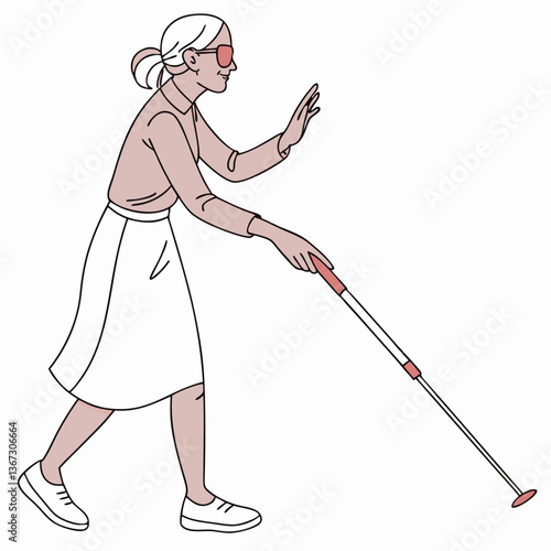 Resilient vision impaired woman navigating challenges with cane and determination