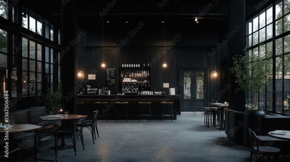 Interior view of a modern bar with high ceilings and large windows. Dark color scheme dominates with a bar counter and stools. Tables and chairs in foreground Interior view of a modern bar with high ceilings and large windows. Dark color scheme dominates with a bar counter and stools. Tables and chairs in foreground