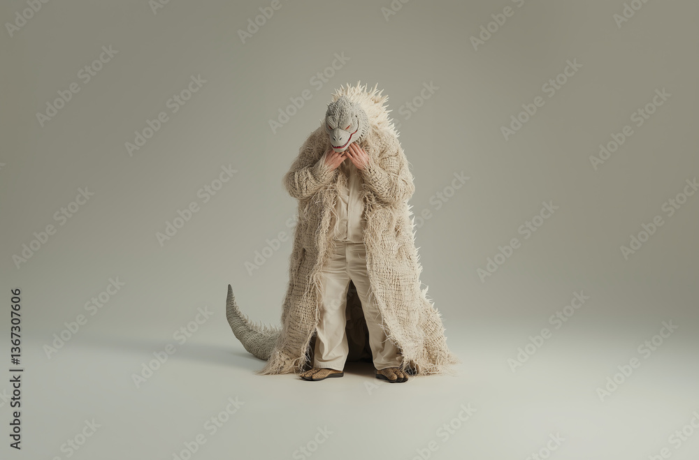 Obraz premium Unique portrayal of a person in a textured creature costume enhancing dramatic expression in a minimalist studio setting