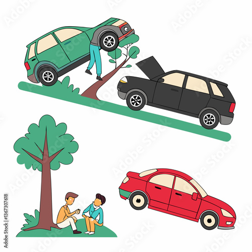 Illustration showcasing automotive mishaps, repair attempts, and roadside conversation