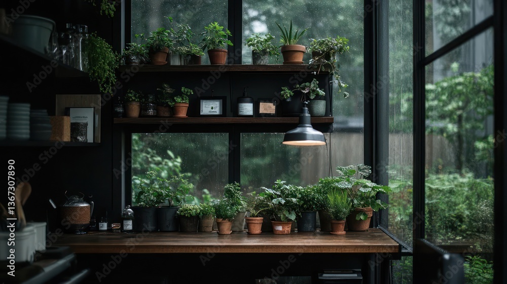 An indoor scene with lush greenery displayed on a wooden counter and shelves next to large windows overlooking a rainy exterior. A lamp hangs above the counter An indoor scene with lush greenery displayed on a wooden counter and shelves next to large windows overlooking a rainy exterior. A lamp hangs above the counter