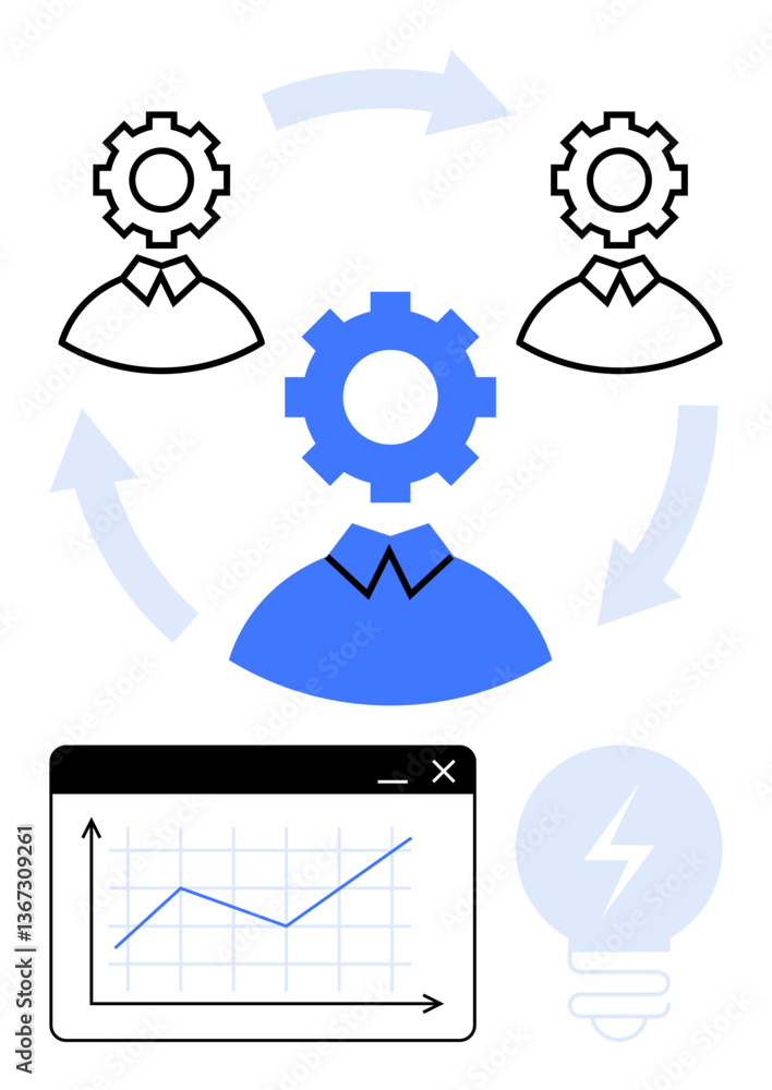 Gear-headed teammates linked via arrows, bar chart, and light bulb depict teamwork, data analysis, innovation, strategy, growth, and process improvement. Ideal for business productivity flat simple Gear-headed teammates linked via arrows, bar chart, and light bulb depict teamwork, data analysis, innovation, strategy, growth, and process improvement. Ideal for business productivity flat simple