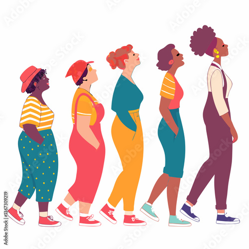 Diverse women illustration united looking up towards a hopeful future vision