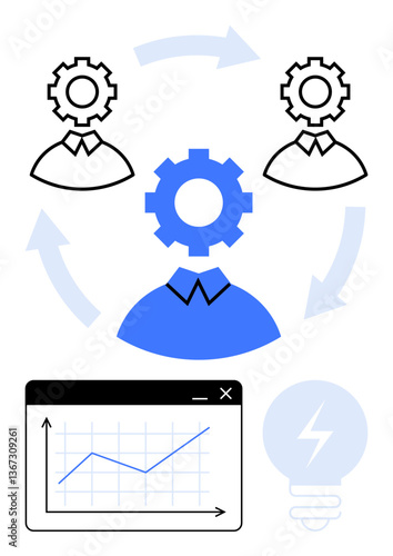 Gear-headed teammates linked via arrows, bar chart, and light bulb depict teamwork, data analysis, innovation, strategy, growth, and process improvement. Ideal for business productivity flat simple