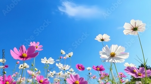 Dynamic composition of cosmos blossoms against cerulean sky with visible brushstroke textures. Creative resource for art class tutorials, botanical illustration projects, or children's educational col
