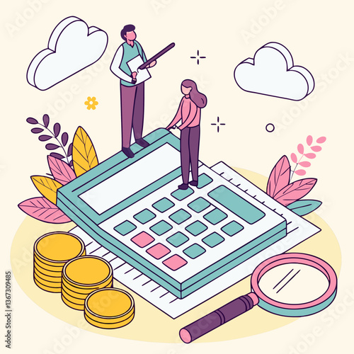 Isometric illustration depicting financial analysis and collaborative economic strategy