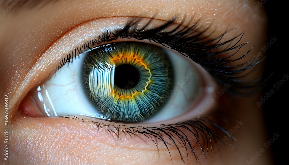 Fototapeta premium Close-up of a hazel eye with detailed iris and lashes.
