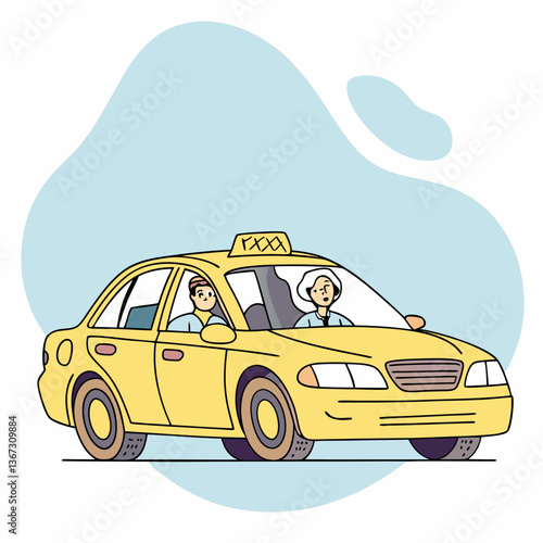 Yellow taxi journey illustration: driver and passenger riding through the city