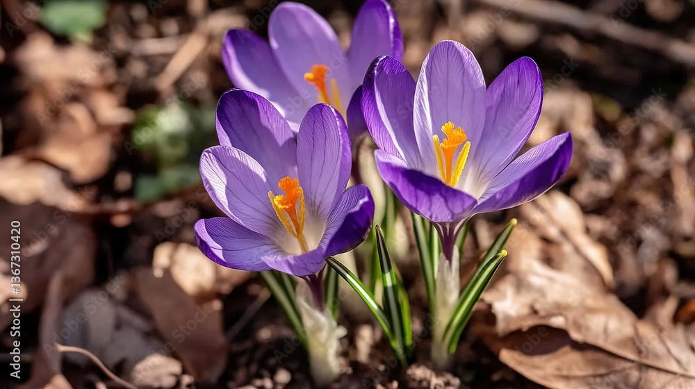 Three delicate purple crocus flowers emerging from rich brown soil amidst forest foliage, captured in morning light with visible pollen details. Ideal for garden center promotions, Easter greeting car Three delicate purple crocus flowers emerging from rich brown soil amidst forest foliage, captured in morning light with visible pollen details. Ideal for garden center promotions, Easter greeting car