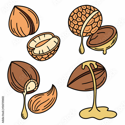 Assortment of stylized nut illustrations with dripping liquid elements design