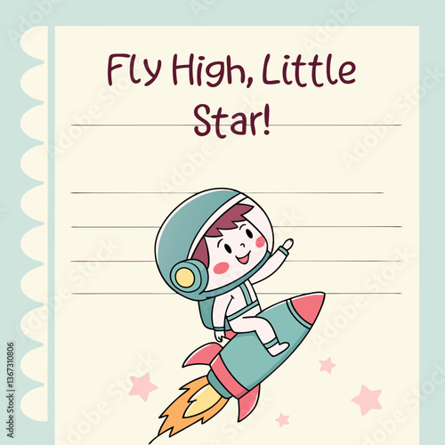 Illustration of a cheerful child astronaut riding a rocket on notebook paper