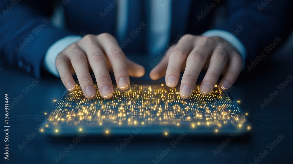Fototapeta premium A person in a suit interacts with a glowing, digital interface, showcasing a blend of technology and innovation in a modern environment.