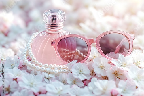 A blush spring morning display with a soft pink perfume bottle, rose-tinted sunglasses, and pearls on a bed of fresh cherry blossoms.