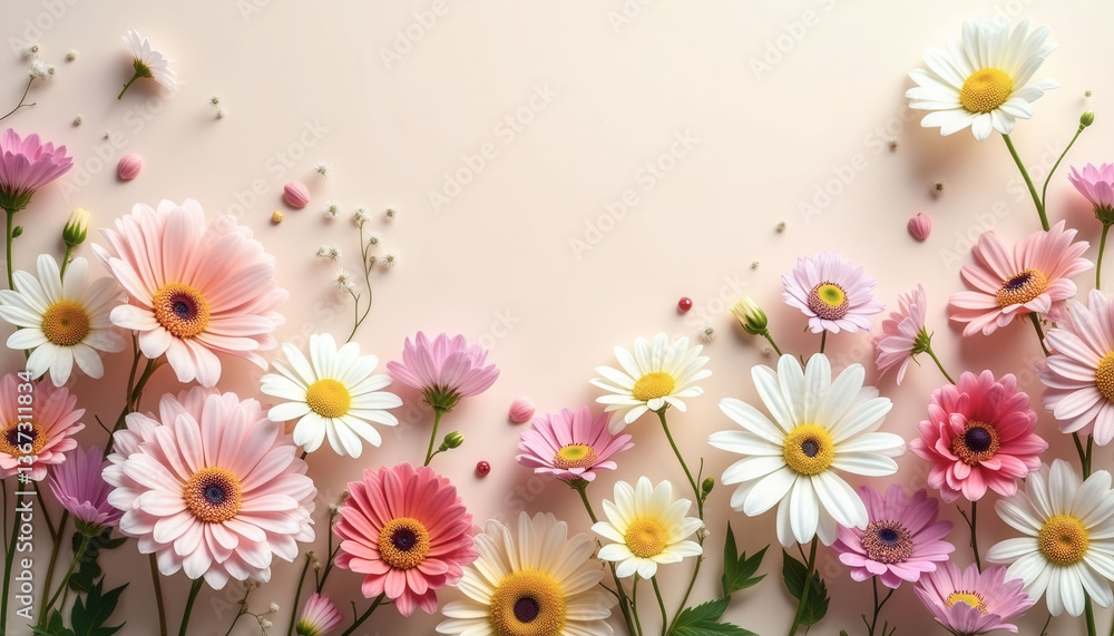 Fototapeta premium A beautiful bouquet of flowers with a pink and white background. The flowers are arranged in a way that they look like they are blooming. Scene is cheerful and uplifting