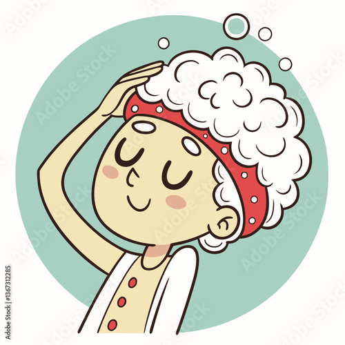 Delightful cartoon illustration of a child washing hair with soapy bubbles and a cheerful expression