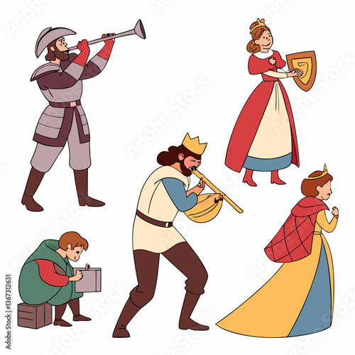 Illustrations depicting royal characters and associated figures in whimsical drawing style