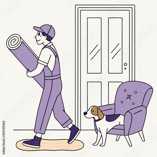 Carpet installation service with friendly delivery man and loyal companion