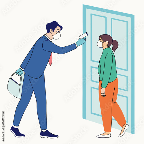 Body temperature screening via infrared thermometer at building entrance
