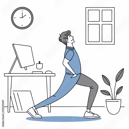 Office worker performs stretching exercises during work to relieve muscle tension