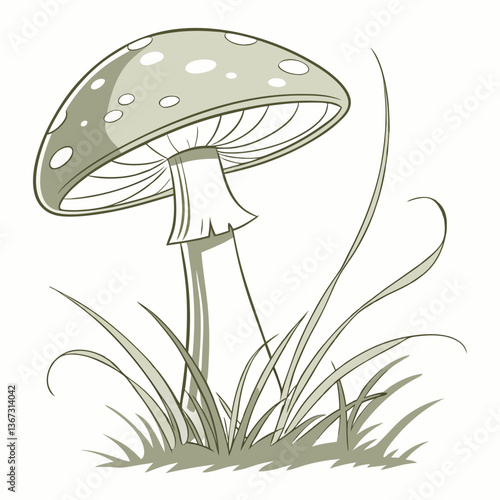 Stylized illustration of a mushroom with spotty cap and grassy surroundings