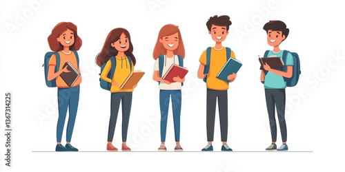 Cheerful college students with books and backpacks standing together. Teen girls and guys meeting and talking. illustration for communication, studying, school friends, youth, teenagers