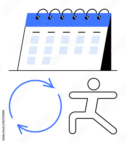 Desk calendar with circular arrows and yoga pose representing schedule, routine, fitness, wellness, and work-life balance. Ideal for planning, health, productivity, and routines in flat simple