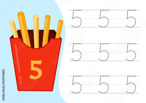 Kids learning material. Worksheet for learning numbers. Number 5.