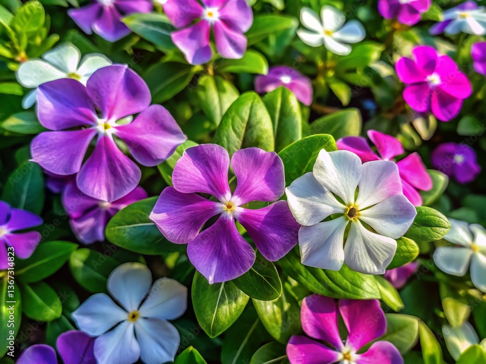 Aerial View of Purple and White Vinca Flower Garden Blooming in Springtime Aerial View of Purple and White Vinca Flower Garden Blooming in Springtime