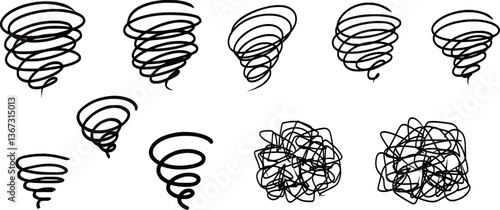 A set of hand-drawn manga-style dizzy expression symbols, vector illustration