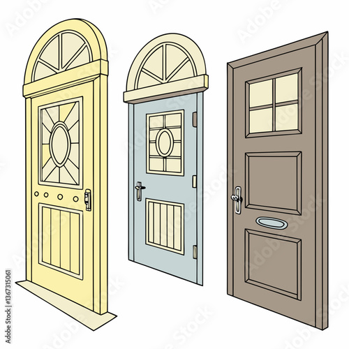 Charming array of cartoon doors with arched, rectangular designs and varying hues