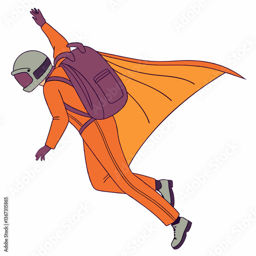 A whimsical adventurer with helmet and cape soars in a hand-drawn illustration