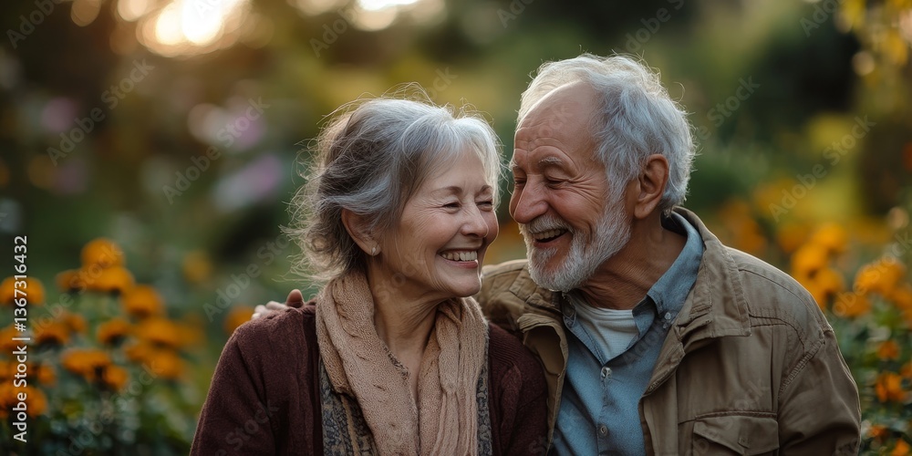 © Vision Ripple - Vibrant snapshot of a joyful elderly couple sharing genuine laughter in a lush garden, radiating pure happiness and love under natural sunlight. Generative AI