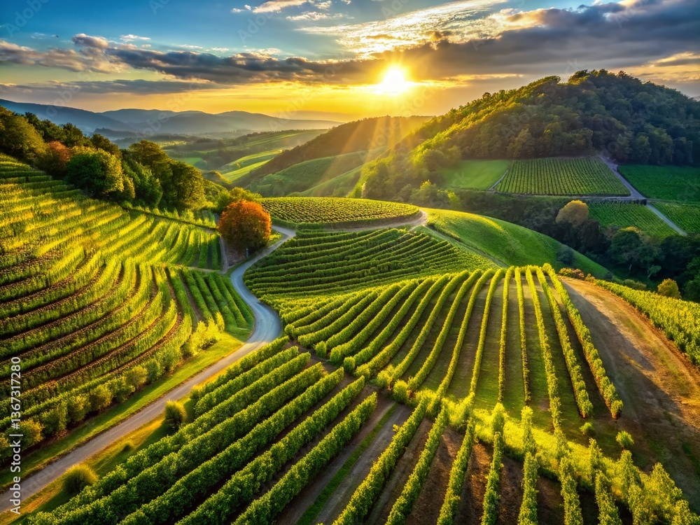 Fototapeta premium Aerial View of Serene Hillside Vineyard, Lush Green Vines, Tranquil Landscape