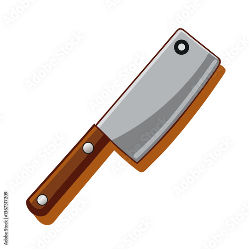 a meat cleaver with a gray blade and wooden handle no background.