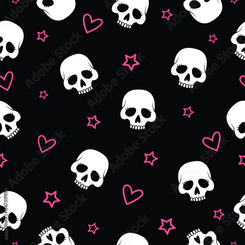 Seamless pattern with hearts and skulls. Vector gothic pattern.