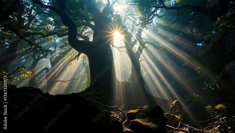 Fototapeta premium Enchanted Forest with Sun Rays Through Majestic Ancient Trees
