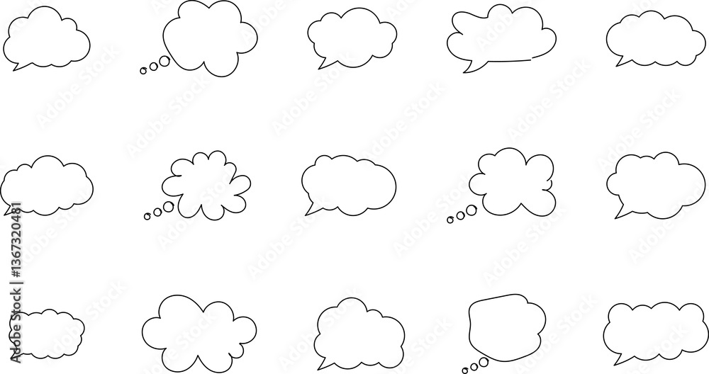 Set of blank white speech bubble in flat design, chatting box, message box icon. Balloon doodle style of thinking sign symbol. Speech bubble isolated on background. Set of blank white speech bubble in flat design, chatting box, message box icon. Balloon doodle style of thinking sign symbol. Speech bubble isolated on background.