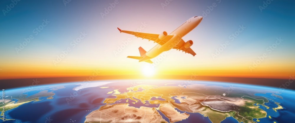 Naklejka premium Airplane soaring above earth at sunrise with copy space