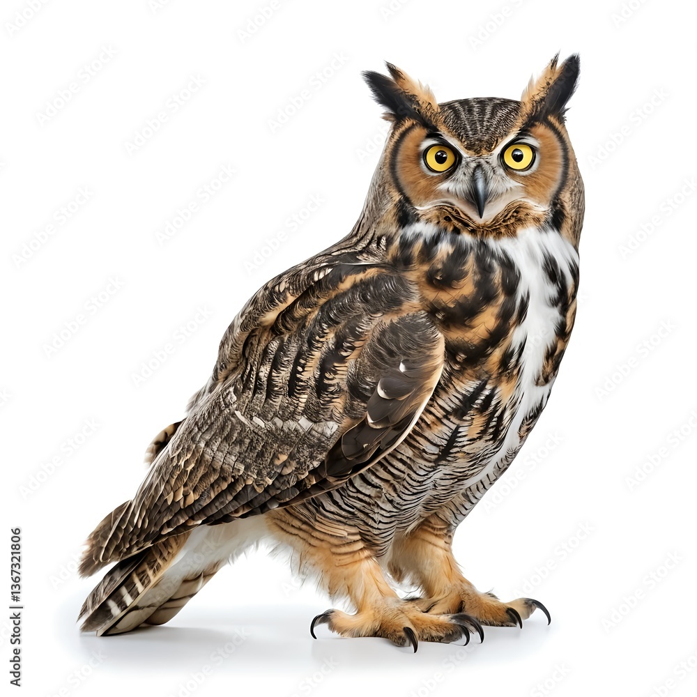 Fototapeta premium Majestic Great Horned Owl on White Background