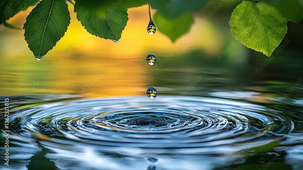 Serene water droplets creating concentric ripples in calm lake surface, soft green leaves and light blue background symbolizing purity, meditation, nature's harmony, yoga inspiration. Serene water droplets creating concentric ripples in calm lake surface, soft green leaves and light blue background symbolizing purity, meditation, nature's harmony, yoga inspiration.