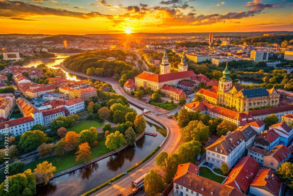 Fototapeta premium Aerial View of Vilnius, Lithuania: Panoramic Cityscape at Sunset