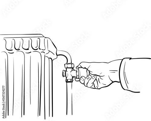 Adjusting the valve on a cast iron radiator. Hand-drawn vector illustration. Clean black line sketch on a white background. Ideal for heating and energy control concepts