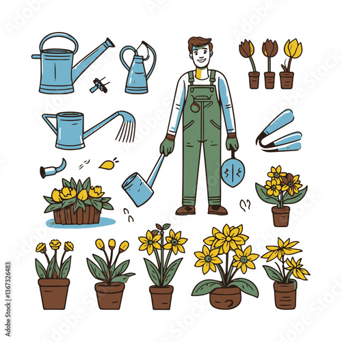Silhouette of Gardener, Planting Tools