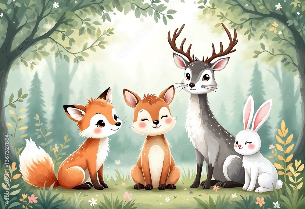 Fototapeta premium Group of animals, including a rabbit, a deer, and a fox