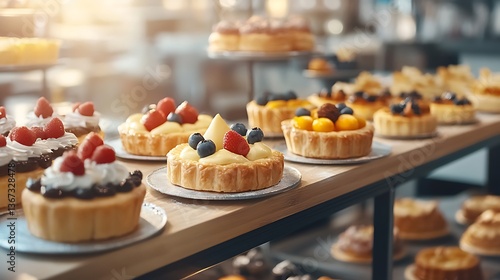 Assortment of cakes and pastries on wooden shelf