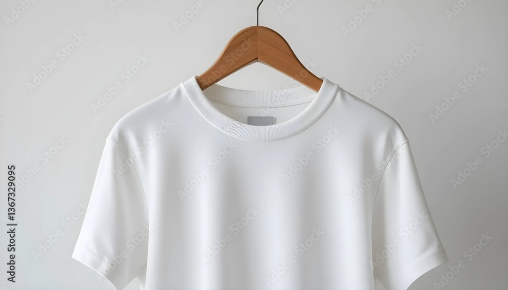 A clean, high-quality image of a blank white T-shirt hanging on a wooden hanger against a plain, neutral white backdrop. A clean, high-quality image of a blank white T-shirt hanging on a wooden hanger against a plain, neutral white backdrop.