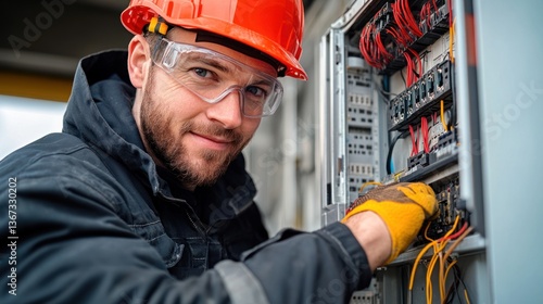 An electrician repairing wiring inside a circuit breaker panel on a construction site 