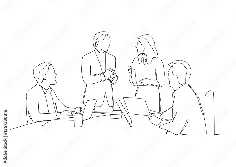 continuous line drawing of business team concept discussing and celebrating success. continuous line drawing of business team concept discussing and celebrating success.